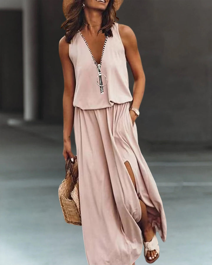 Riley™ - Stylish Solid Color Dress With Zipper And Slit