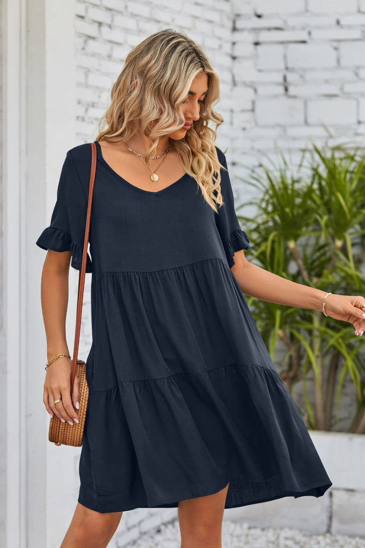Grace™ - Comfortable V-Neck Flounce Sleeve Tiered Dress