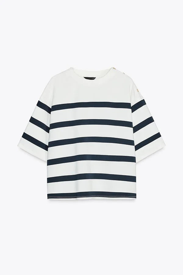 Abigail™ - Comfy Logbook Stripe Button Shoulder T-Shirt