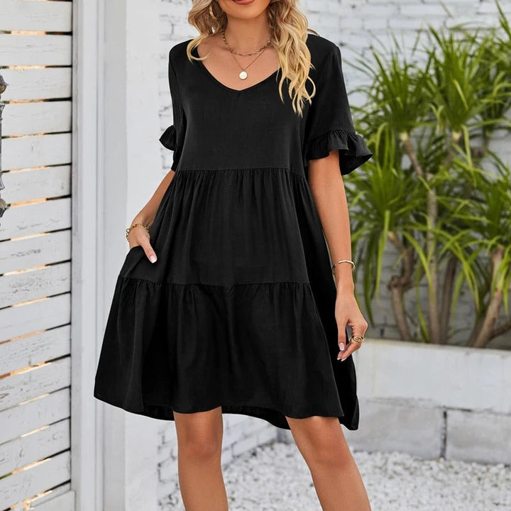 Grace™ - Comfortable V-Neck Flounce Sleeve Tiered Dress