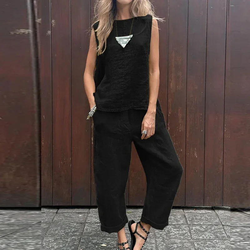Lina™ - Cotton Linen Casual Solid Color Two-piece Set