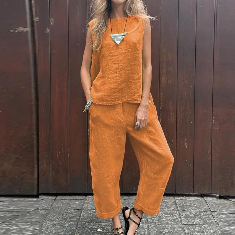Lina™ - Cotton Linen Casual Solid Color Two-piece Set