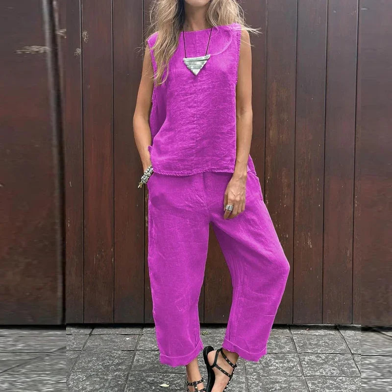 Lina™ - Cotton Linen Casual Solid Color Two-piece Set