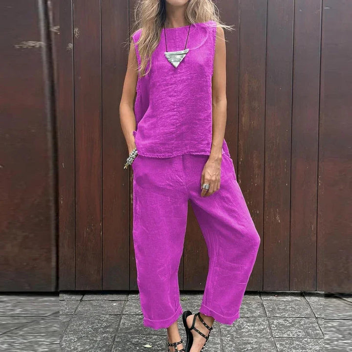 Lina™ - Cotton Linen Casual Solid Color Two-piece Set