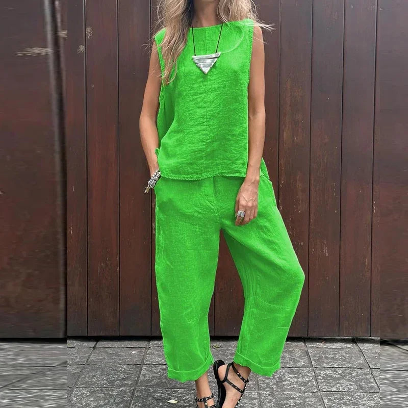 Lina™ - Cotton Linen Casual Solid Color Two-piece Set
