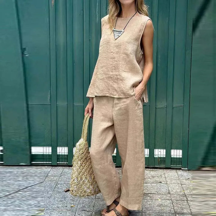 Lina™ - Cotton Linen Casual Solid Color Two-piece Set