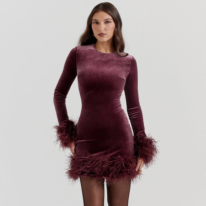 Aubrey™ - Modern Velvet Feather Mini Dress
