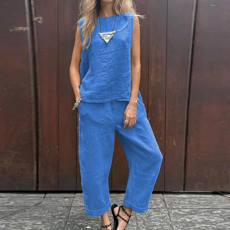 Lina™ - Cotton Linen Casual Solid Color Two-piece Set
