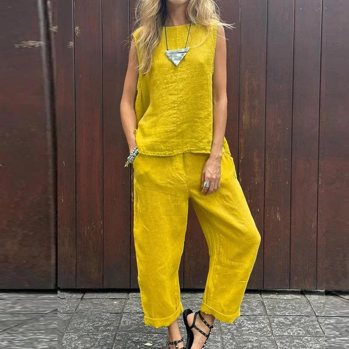 Lina™ - Cotton Linen Casual Solid Color Two-piece Set
